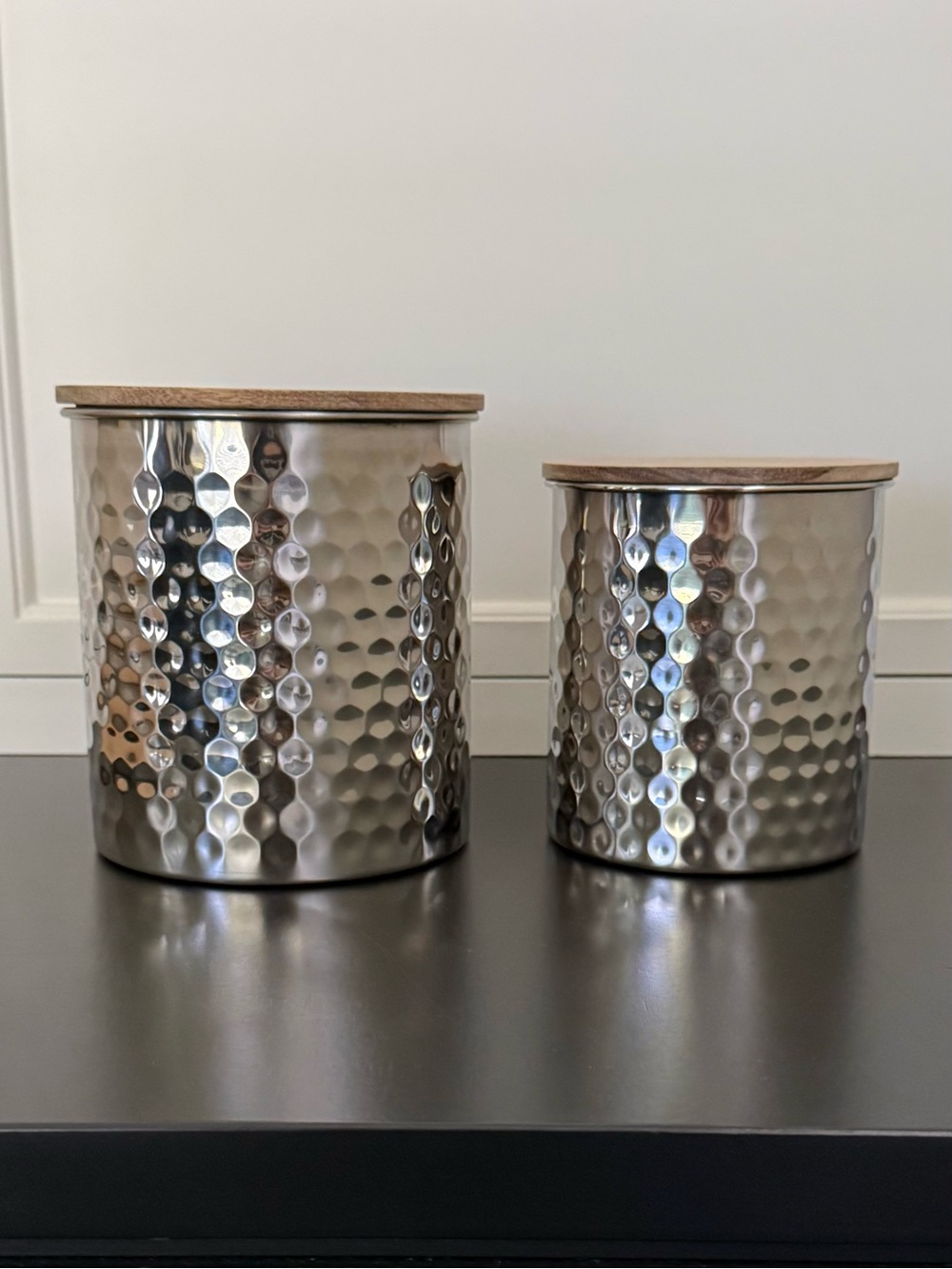 2 Piece Uncommon James Silver Hammered Canister Set w/Wood Lids 45oz & 25oz NEW